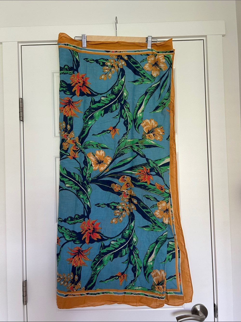 Aritzia Main Character Blue Floral Scarf with Orange Trim